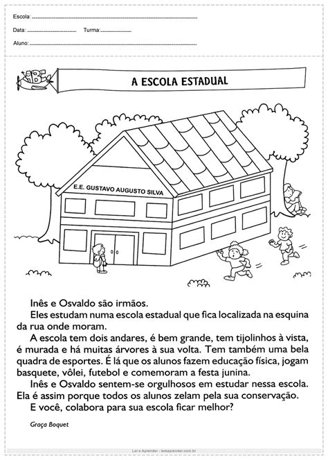 Atividades Sobre A Escola 3 Ano - Escola Estadual - Interpretação de Texto 3º ano - Ler e Aprender