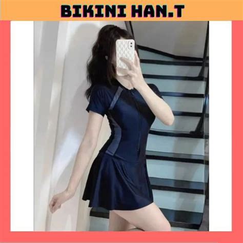 Có size M L XL Bikini đồ bơi đi biển một mảnh dây kéo đen phối xám form váy có quần bảo hộ