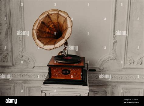 Old Record Player Against Ancient Wooden Wall Antique Gramophone With