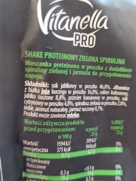 vitanella pro shake zielona spirulina kalorie kJ i wartości odżywcze