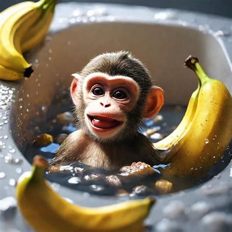 Premium AI Image | baby monkey is soaking in a bananashaped bath with foam