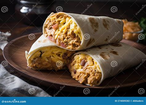 Breakfast Burrito with Scrambled Eggs, Cheese, and Refried Beans Stock