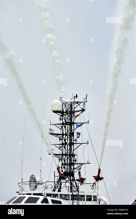 Fireboat water salute close up view, fireboat directing jets of water ...