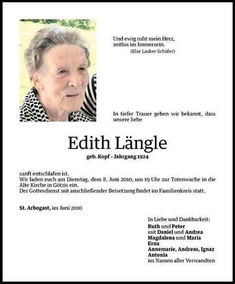 Todesanzeigen Von Edith L Ngle Todesanzeigen Vorarlberger Nachrichten