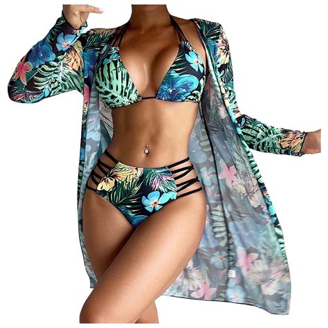 WREESH Womens 3 Piece Swimsuits Tropical Print Halter Bikini Set With Kimono Beach Cover Ups