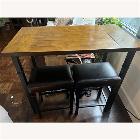 Wood High Top Table with 2 Leather Stools - AptDeco