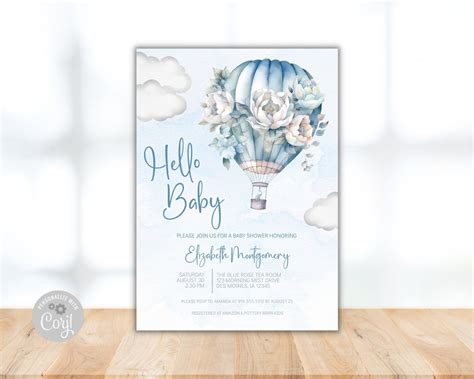 Blue Hot Air Balloon Baby Shower Invitation The Adventure Begins Up Up Away Blue Shower