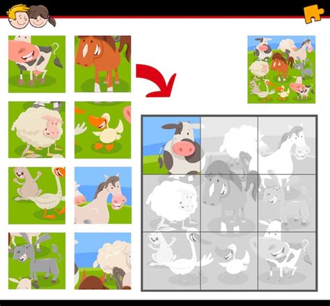 Jogo De Quebra Cabe A Educativo Animais De Fazenda Vetor Premium