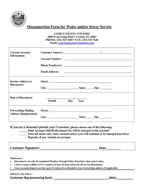 Fillable Online Disconnection Form For Water And Or Sewer Service Fax