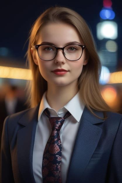 Premium Photo A Beautiful European Lady In Suit And Glasses Is Standing On The Street At Night