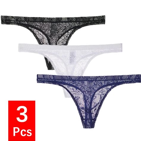 3Pcs Lot Mens Lace G String And Thong Sexy Underwear See Through Tanga Bikini String Transparent