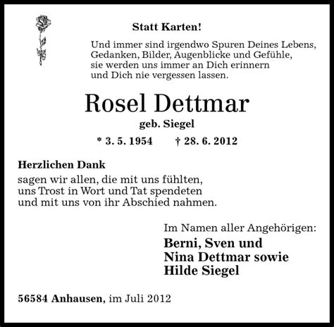 Traueranzeigen Von Rosel Dettmar Rz Trauer De