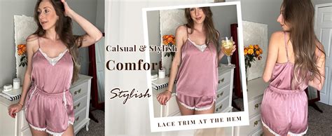 Ekouaer Womens Pajama Sets Sexy Lingerie Satin Sleepwear Cami Shorts Set V Neck Pj Lace