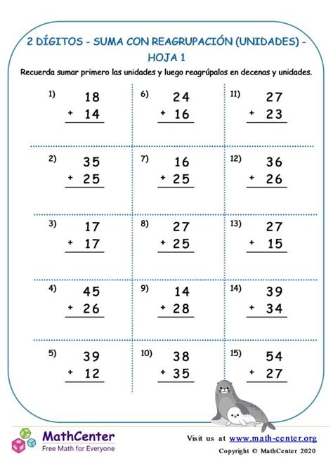 Math Center Primer Grado Hojas De Trabajo Sumas De Dos Cifras Con