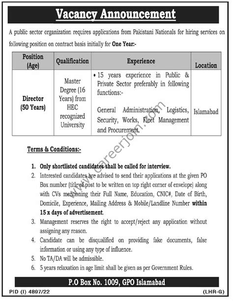 Public Sector Organization Po Box No Gpo Islamabad Jobs Director