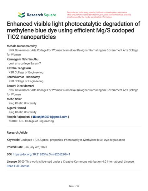 Pdf Enhanced Visible Light Photocatalytic Degradation Of Methylene