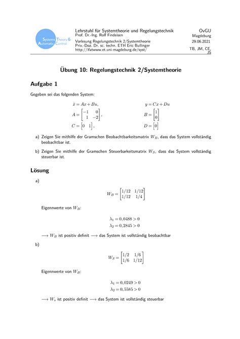 Rt Bung Loesung Lehrstuhl F Ur Systemtheorie Und