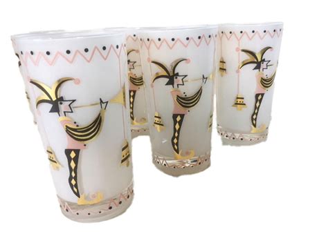 Vintage Gay Fad Cocktail Glasses Jester With Trumpet And Bells On White Ground At 1stDibs Gay