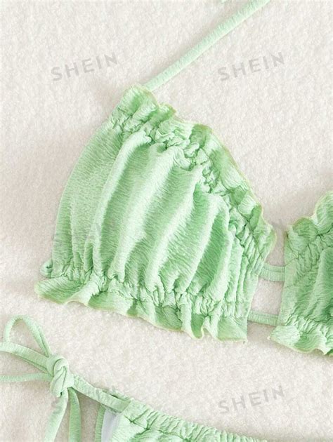 Textured Frill Trim Halterneck Bikini Swimsuit Set Mint Green Shein Uk