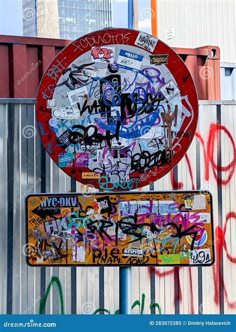 A Road Sign Completely Painted with Graffiti Editorial Image - Image of fence, sign: 283072385