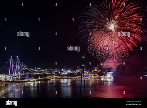 A beautiful shot of the exploding fireworks at the 2022 Yeosu Night Sea Fireworks Festival Stock ...