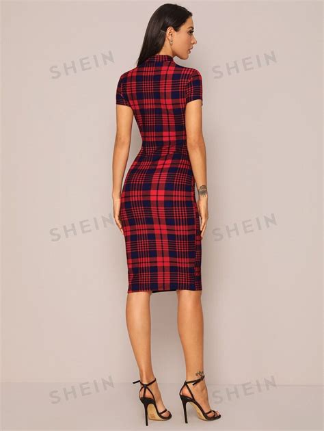 Shein Privé Mock Neck Plaid Form Fitted Dress Shein Uk