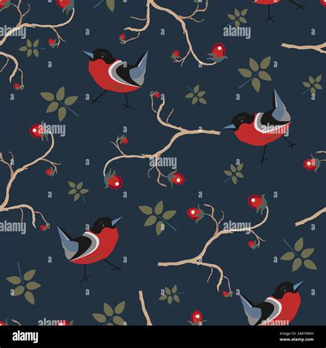 Bird Seamless Pattern Bullfinch Birds On A Dark Background With Red