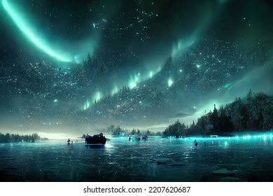 Aurora Borealis Sky Reflection On Water Stock Illustration 2207620687 ...