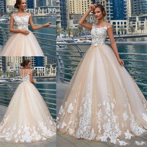Satin Wedding Dresses Ball Gown Nude Tulle Overlay 3D Flower Lace Bridal Gown Sheer Neck Floor
