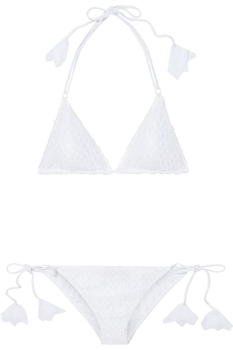 Missoni Mesh Trimmed Metallic Crochet Knit Triangle Bikini In White