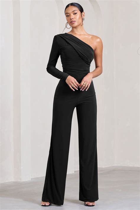 Mila Black One Shoulder Ruched Wide Leg Jumpsuit Club L London Uk