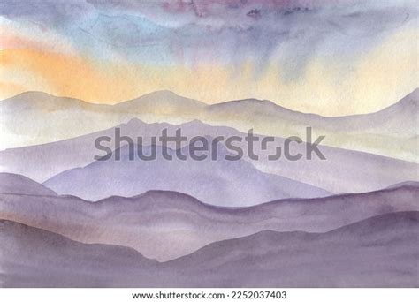 Watercolor Landscape On Paper Depicting Silhouettes Stock Illustration ...