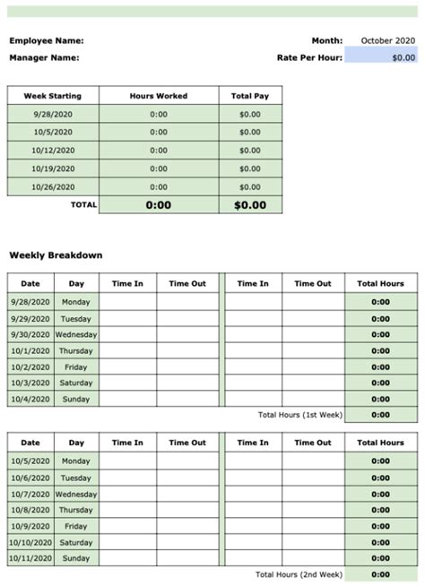 Monthly Timesheet Template Google Sheets Free