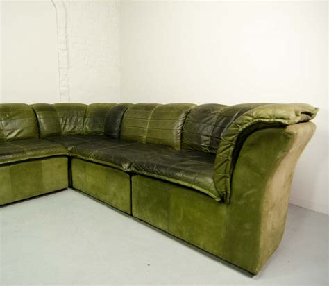 Mid Century Modular Patchwork Sofa By Laauser In Olive Green Nubuck