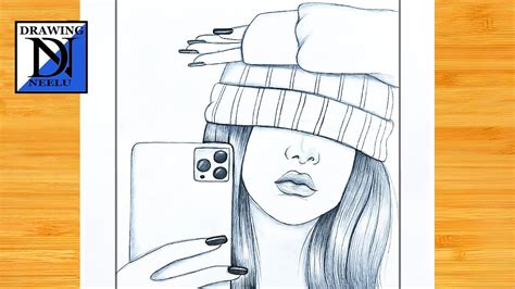 How To Draw A Girl Taking A Selfie With Wearing A Cap Step By Step