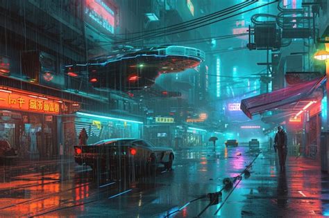 A Surreal Cyberpunk Cityscape At Twilight Where Neon Lights Reflect On