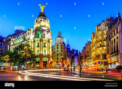 madrid spain gran  main shopping street  dusk stock photo alamy