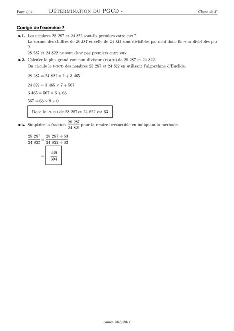 PGCD Plus Grand Commun Diviseur Corrigé série d exercices 2