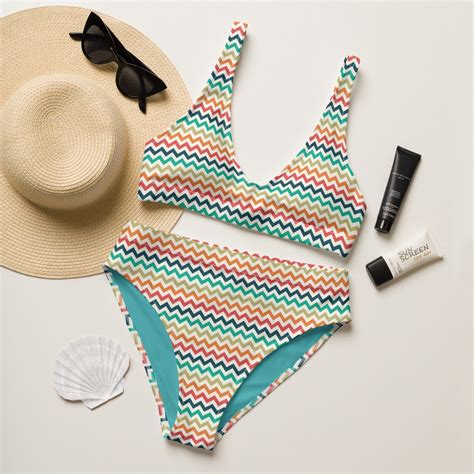 Retro Style Xii Recycled High Waisted Bikini Set Rainbow Chevron Summer Vacation Swimwear