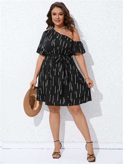 Shein Clasi Plus Striped Print Asymmetrical Neck Belted Dress Shein Usa