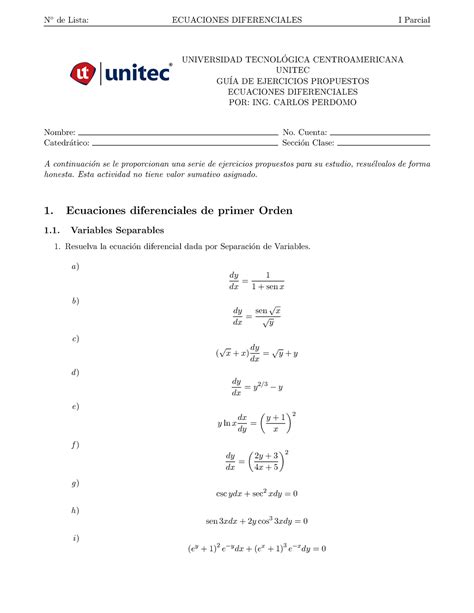 Guia De Ejercicios Ecuaciones Diferenciales Unitec I Parcial