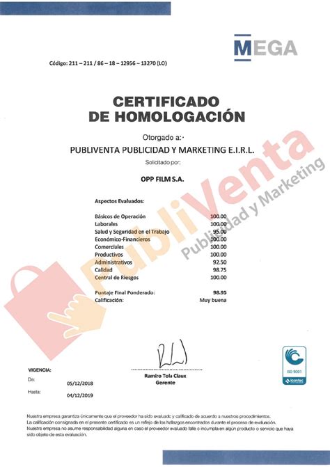 CERTIFICADO DE HOMOLOGACIÓN 2018 2019 Publiventa