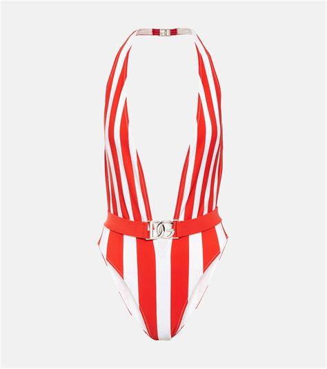 Portofino Striped Halterneck Swimsuit In Multicoloured Dolce Gabbana