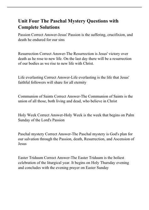 Unit Four The Paschal Mystery Questions with Complete Solutions