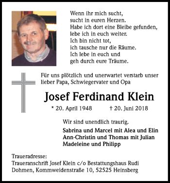 Traueranzeigen Von Josef Ferdinand Klein Wirtrauern