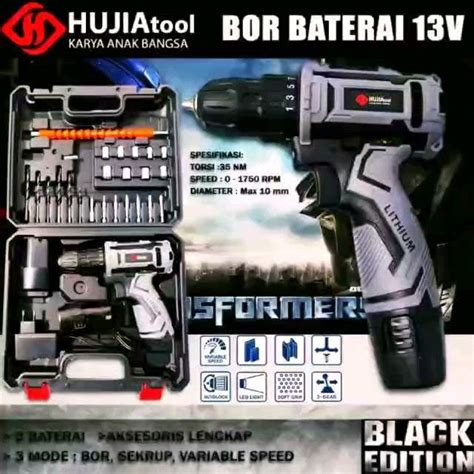 Mesin Bor Cordless Hujia 13V Bor Drill 10mm Fullset Untuk Bor Material