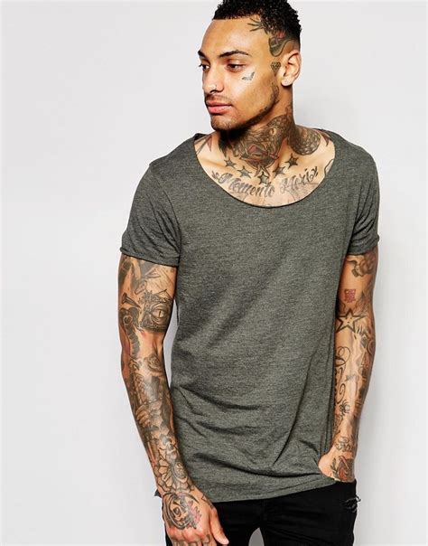 Asos Longline T Shirt With Scoop Neck And Raw Edge In Green At