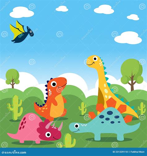 Vector Con Tema De Dinosaurios Con Personajes Bonitos Ilustración Del Vector Ilustración De