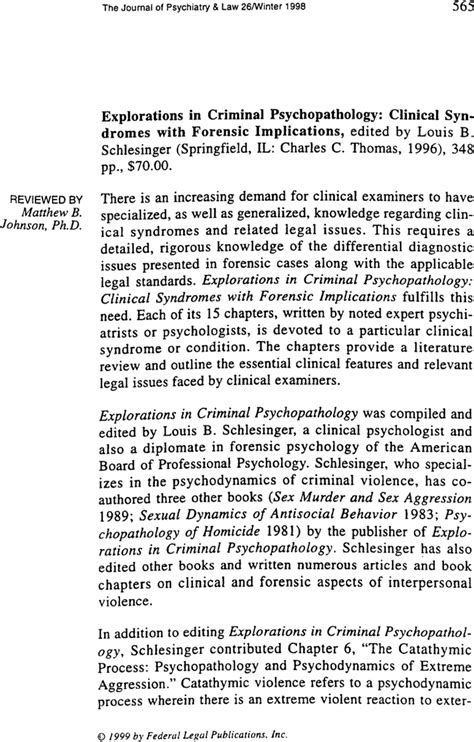 Book Review Explorations In Criminal Psychopathology Clinical