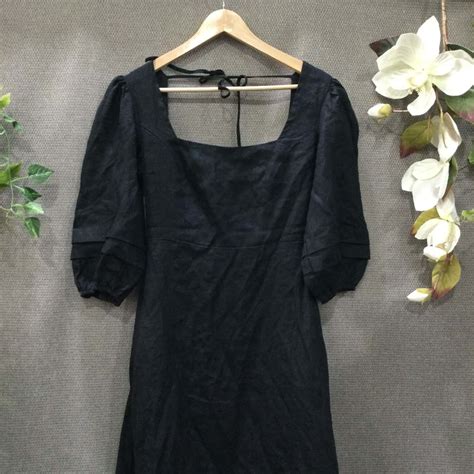 Aere Womens Linen Fit Flare Dress Size 10 Black S